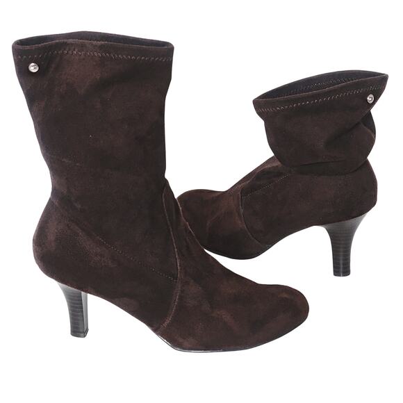 Tommy Hilfiger Brown Suede Mid-Calf High Heeled Booties Sz 9 - Picture 1 of 11